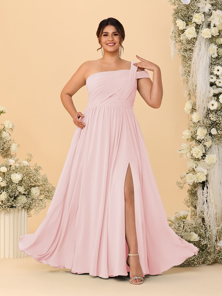 A-Line/Princess One-Shoulder Sleeveless Floor-Length Ruched Plus Size Bridesmaid Dresses With Side Slit
