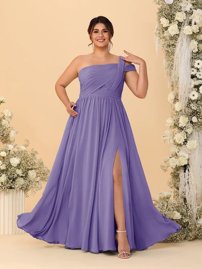 A-Line/Princess One-Shoulder Sleeveless Floor-Length Ruched Plus Size Bridesmaid Dresses With Side Slit