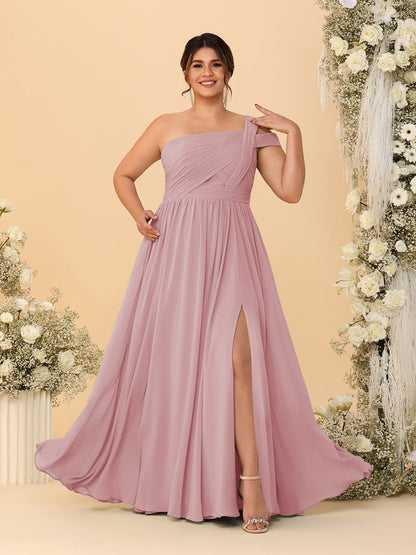 A-Line/Princess One-Shoulder Sleeveless Floor-Length Ruched Plus Size Bridesmaid Dresses With Side Slit
