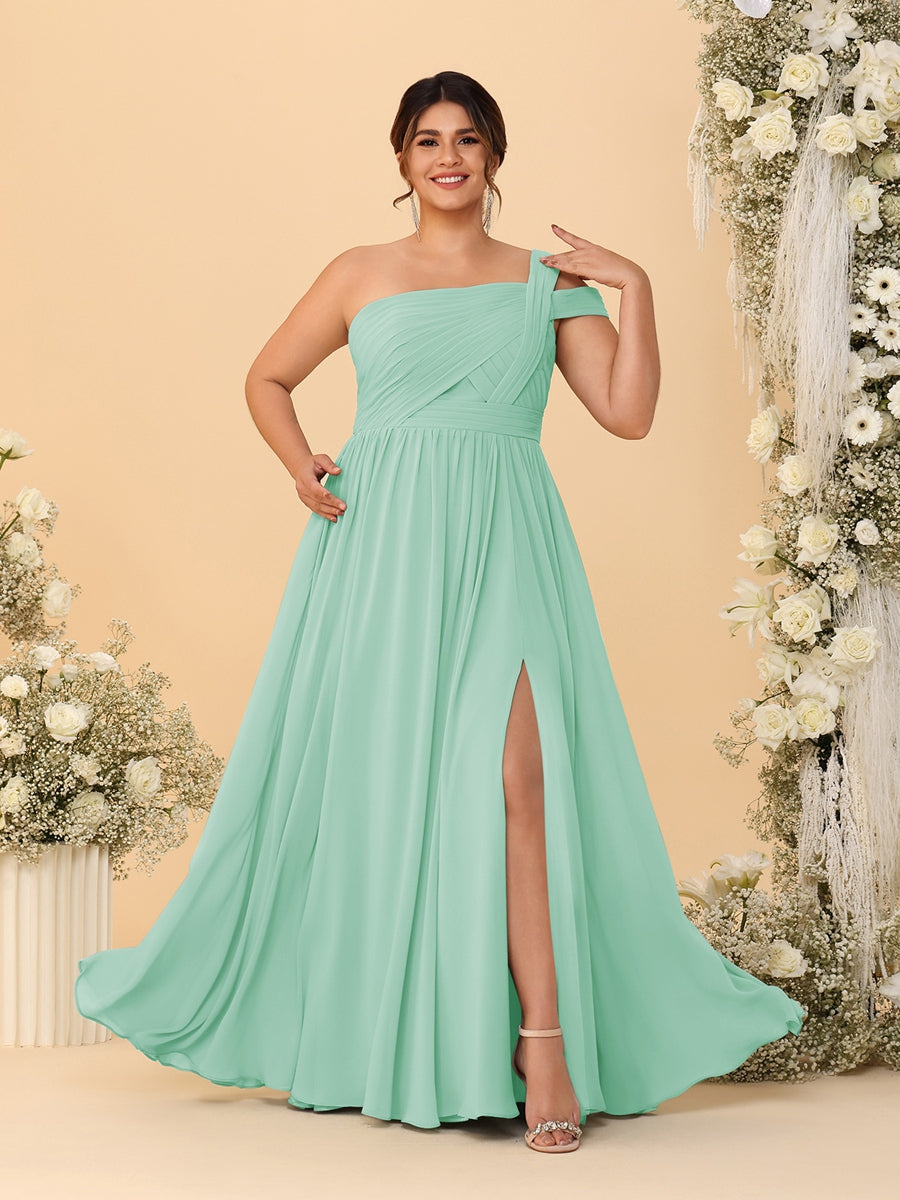 A-Line/Princess One-Shoulder Sleeveless Floor-Length Ruched Plus Size Bridesmaid Dresses With Side Slit