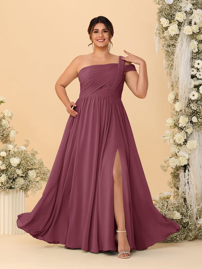 A-Line/Princess One-Shoulder Sleeveless Floor-Length Ruched Plus Size Bridesmaid Dresses With Side Slit
