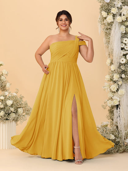 A-Line/Princess One-Shoulder Sleeveless Floor-Length Ruched Plus Size Bridesmaid Dresses With Side Slit