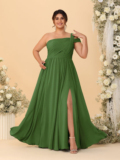 A-Line/Princess One-Shoulder Sleeveless Floor-Length Ruched Plus Size Bridesmaid Dresses With Side Slit