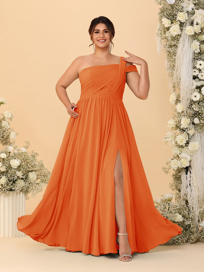 A-Line/Princess One-Shoulder Sleeveless Floor-Length Ruched Plus Size Bridesmaid Dresses With Side Slit