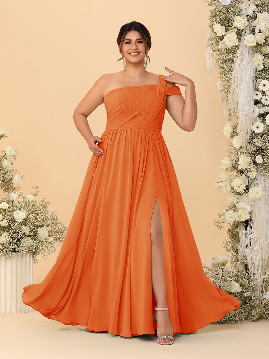 A-Line/Princess One-Shoulder Sleeveless Floor-Length Ruched Plus Size Bridesmaid Dresses With Side Slit