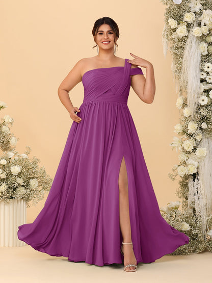 A-Line/Princess One-Shoulder Sleeveless Floor-Length Ruched Plus Size Bridesmaid Dresses With Side Slit