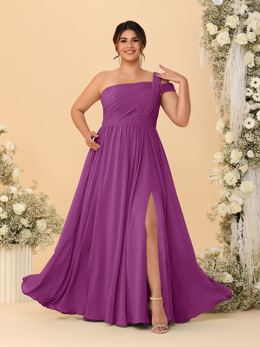 A-Line/Princess One-Shoulder Sleeveless Floor-Length Ruched Plus Size Bridesmaid Dresses With Side Slit