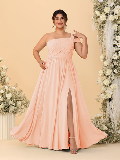 A-Line/Princess One-Shoulder Sleeveless Floor-Length Ruched Plus Size Bridesmaid Dresses With Side Slit