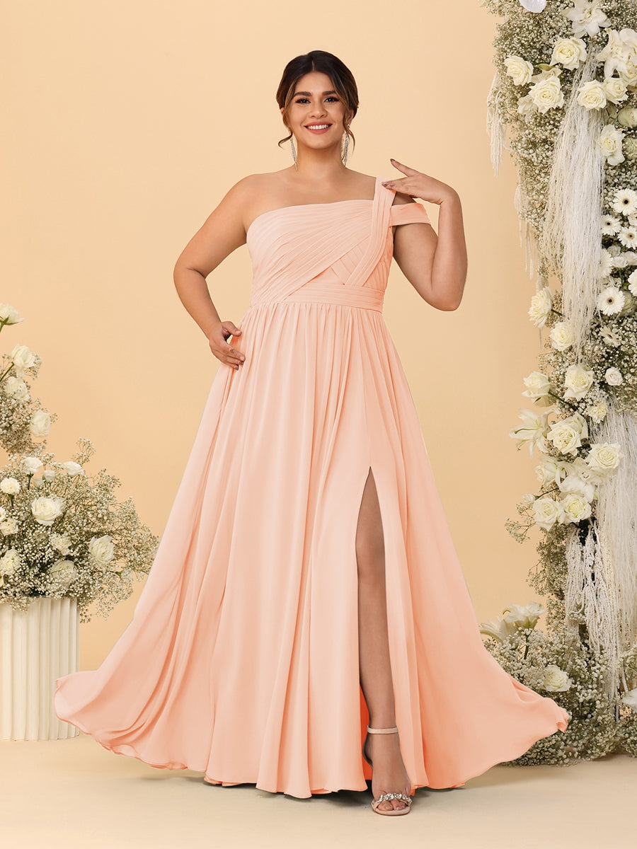 A-Line/Princess One-Shoulder Sleeveless Floor-Length Ruched Plus Size Bridesmaid Dresses With Side Slit