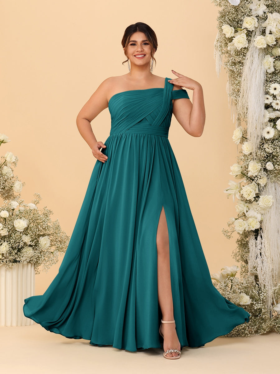 A-Line/Princess One-Shoulder Sleeveless Floor-Length Ruched Plus Size Bridesmaid Dresses With Side Slit