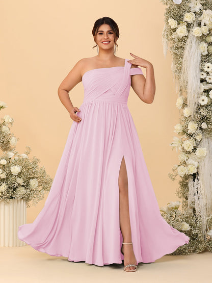 A-Line/Princess One-Shoulder Sleeveless Floor-Length Ruched Plus Size Bridesmaid Dresses With Side Slit