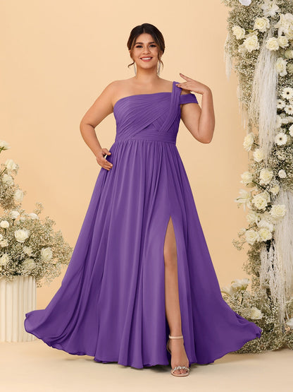 A-Line/Princess One-Shoulder Sleeveless Floor-Length Ruched Plus Size Bridesmaid Dresses With Side Slit