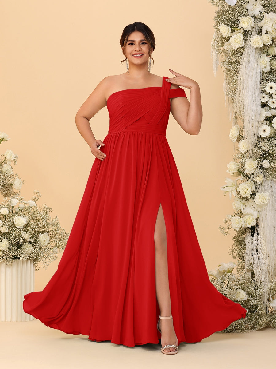 A-Line/Princess One-Shoulder Sleeveless Floor-Length Ruched Plus Size Bridesmaid Dresses With Side Slit