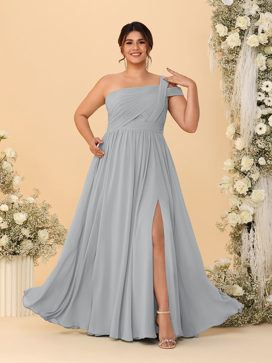 A-Line/Princess One-Shoulder Sleeveless Floor-Length Ruched Plus Size Bridesmaid Dresses With Side Slit