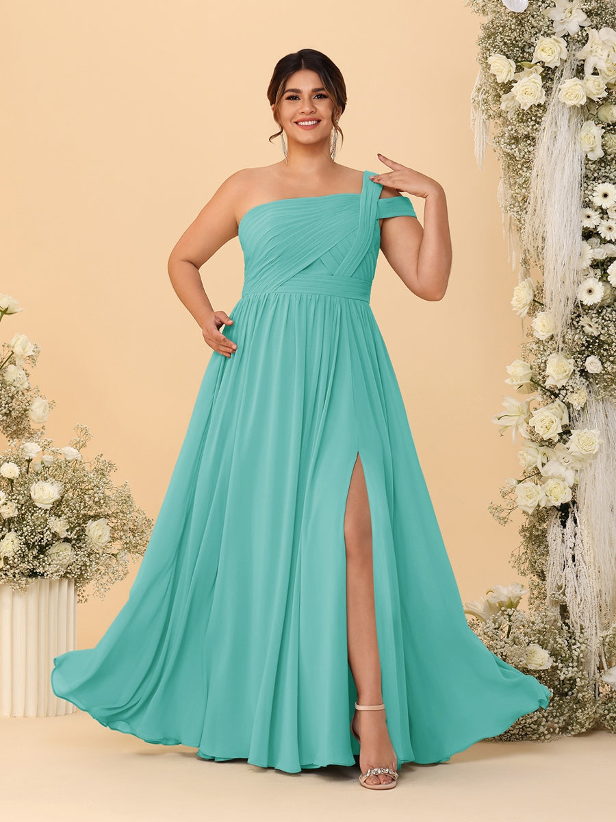 A-Line/Princess One-Shoulder Sleeveless Floor-Length Ruched Plus Size Bridesmaid Dresses With Side Slit