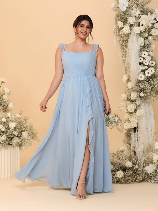 A-Line/Princess Square Neck Sleeveless Plus Size Bridesmaid Dresses With Side Slit & Ruffles