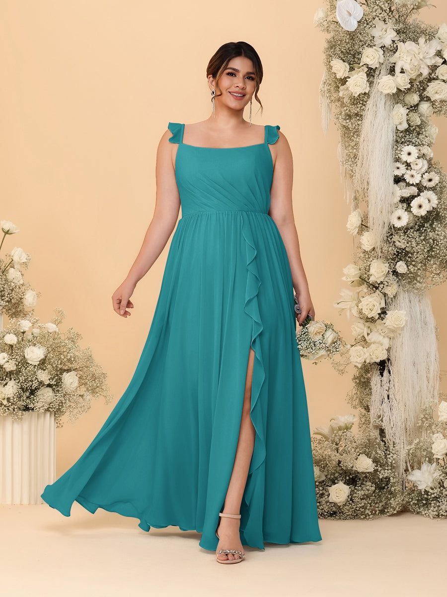 A-Line/Princess Square Neck Sleeveless Plus Size Bridesmaid Dresses With Side Slit & Ruffles
