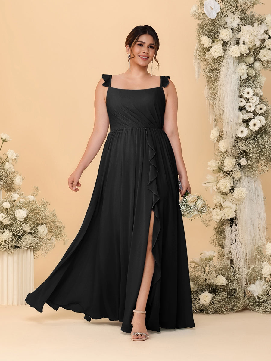 A-Line/Princess Square Neck Sleeveless Plus Size Bridesmaid Dresses With Side Slit & Ruffles