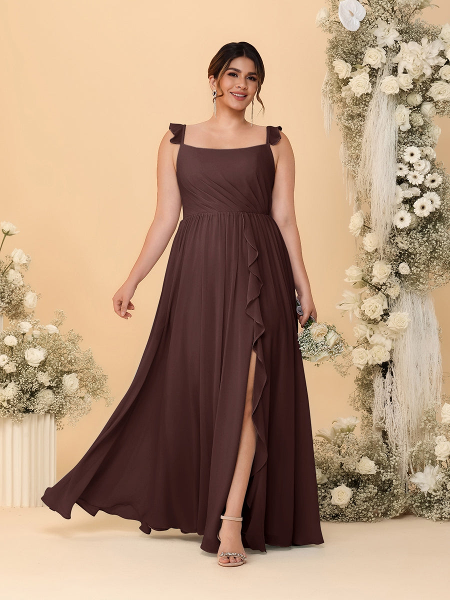 A-Line/Princess Square Neck Sleeveless Plus Size Bridesmaid Dresses With Side Slit & Ruffles