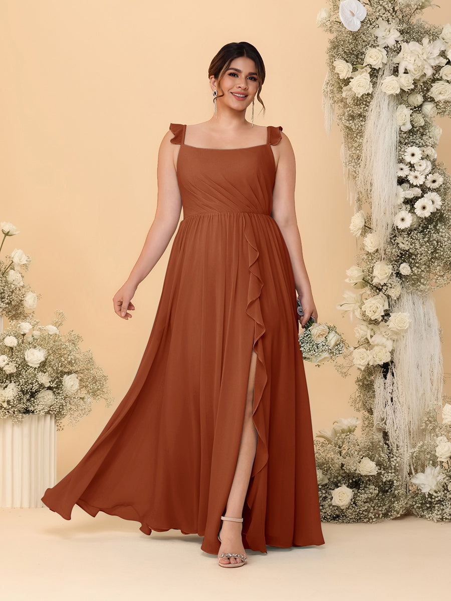 A-Line/Princess Square Neck Sleeveless Plus Size Bridesmaid Dresses With Side Slit & Ruffles