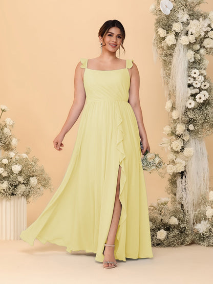 A-Line/Princess Square Neck Sleeveless Plus Size Bridesmaid Dresses With Side Slit & Ruffles