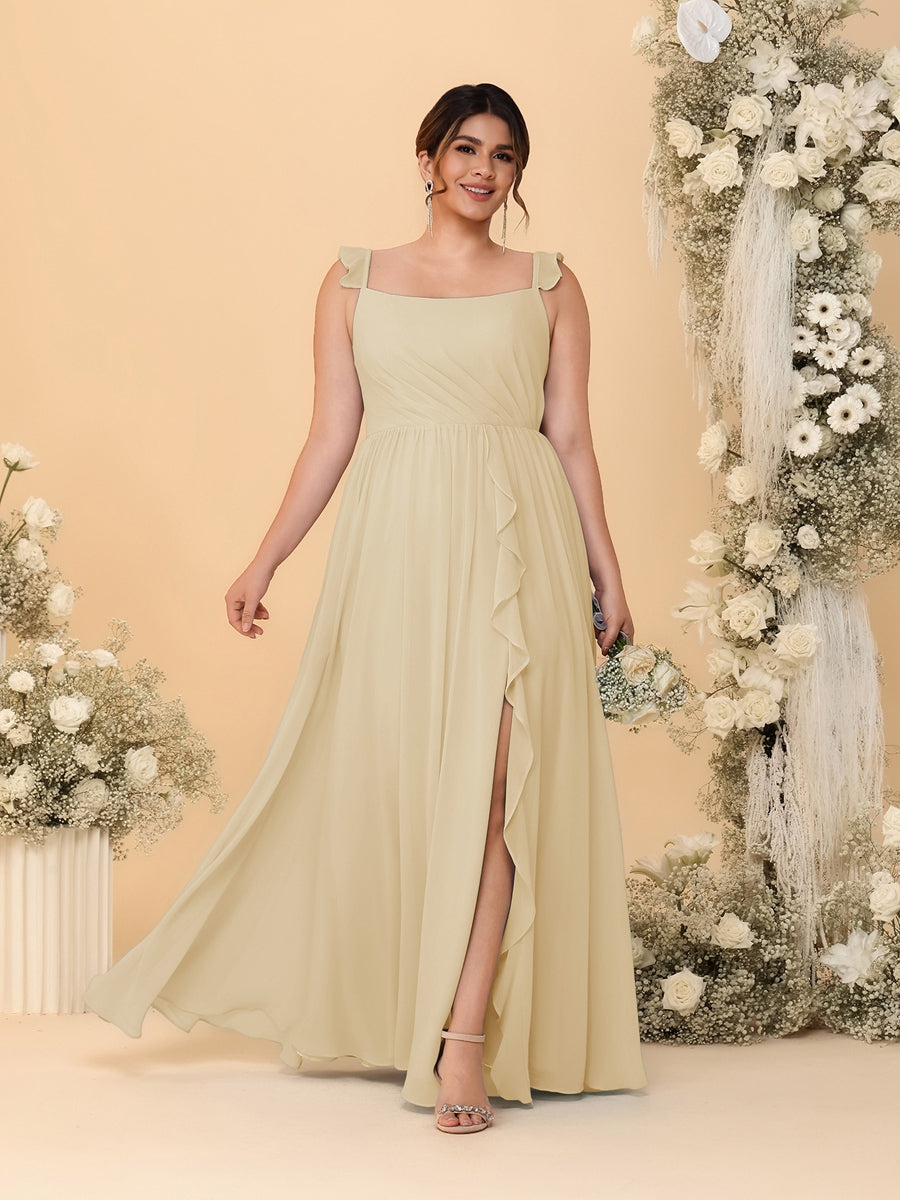 A-Line/Princess Square Neck Sleeveless Plus Size Bridesmaid Dresses With Side Slit & Ruffles