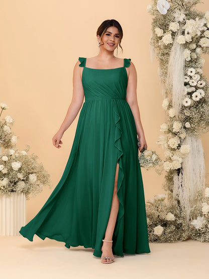 A-Line/Princess Square Neck Sleeveless Plus Size Bridesmaid Dresses With Side Slit & Ruffles