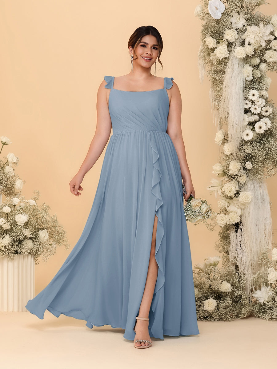 A-Line/Princess Square Neck Sleeveless Plus Size Bridesmaid Dresses With Side Slit & Ruffles