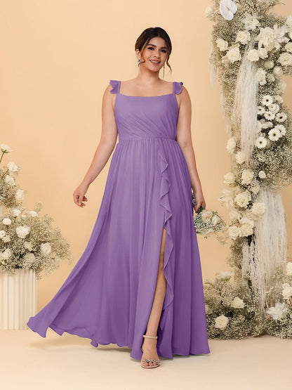 A-Line/Princess Square Neck Sleeveless Plus Size Bridesmaid Dresses With Side Slit & Ruffles