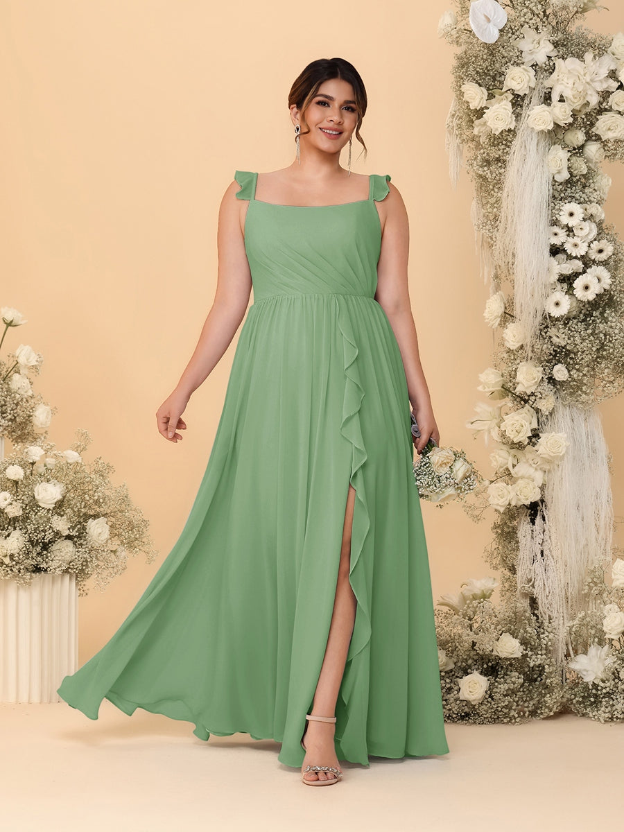A-Line/Princess Square Neck Sleeveless Plus Size Bridesmaid Dresses With Side Slit & Ruffles