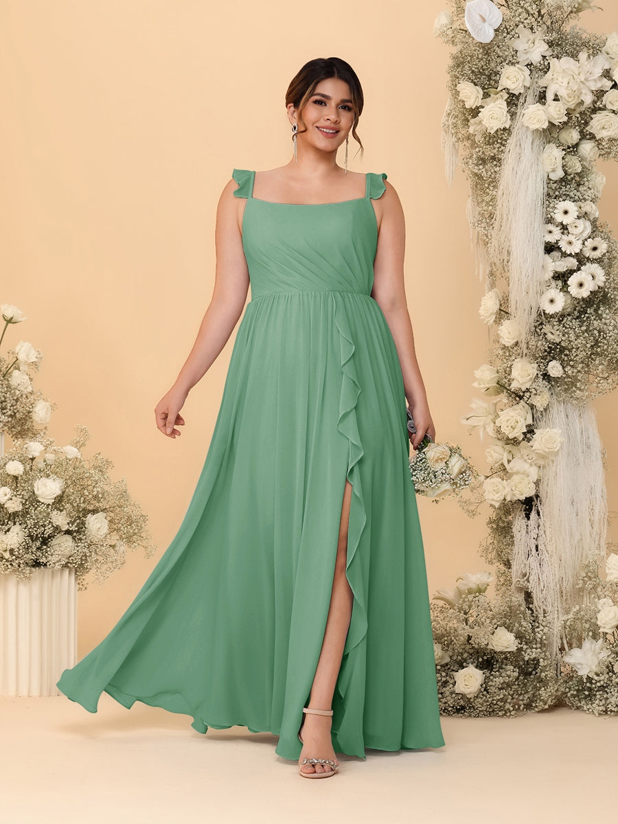A-Line/Princess Square Neck Sleeveless Plus Size Bridesmaid Dresses With Side Slit & Ruffles