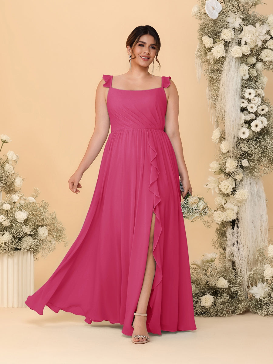 A-Line/Princess Square Neck Sleeveless Plus Size Bridesmaid Dresses With Side Slit & Ruffles