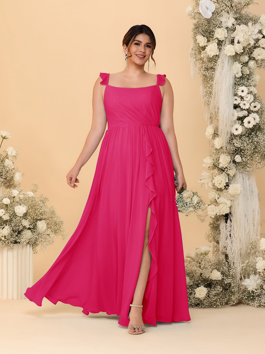 A-Line/Princess Square Neck Sleeveless Plus Size Bridesmaid Dresses With Side Slit & Ruffles