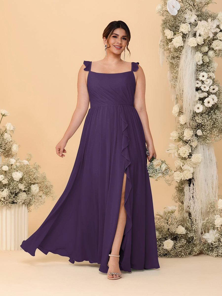 A-Line/Princess Square Neck Sleeveless Plus Size Bridesmaid Dresses With Side Slit & Ruffles