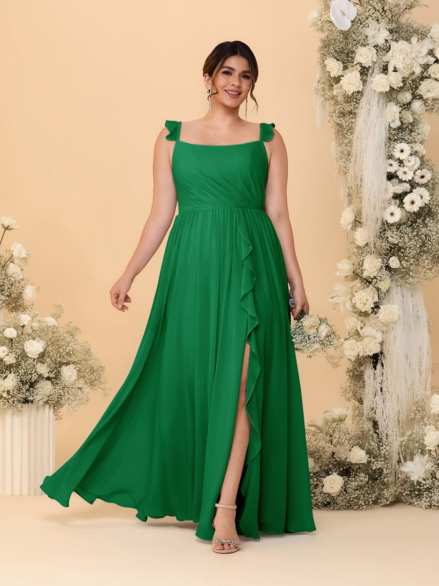 A-Line/Princess Square Neck Sleeveless Plus Size Bridesmaid Dresses With Side Slit & Ruffles