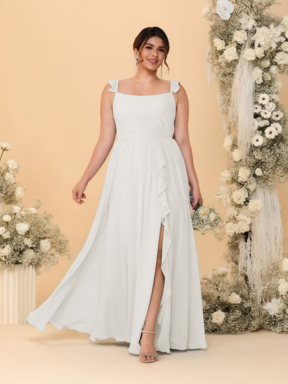 A-Line/Princess Square Neck Sleeveless Plus Size Bridesmaid Dresses With Side Slit & Ruffles