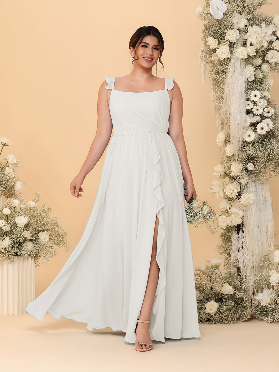 A-Line/Princess Square Neck Sleeveless Plus Size Bridesmaid Dresses With Side Slit & Ruffles