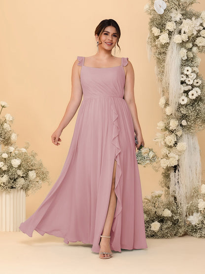 A-Line/Princess Square Neck Sleeveless Plus Size Bridesmaid Dresses With Side Slit & Ruffles
