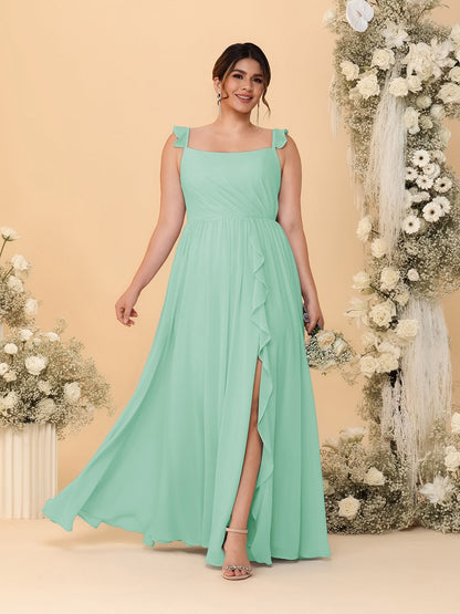 A-Line/Princess Square Neck Sleeveless Plus Size Bridesmaid Dresses With Side Slit & Ruffles