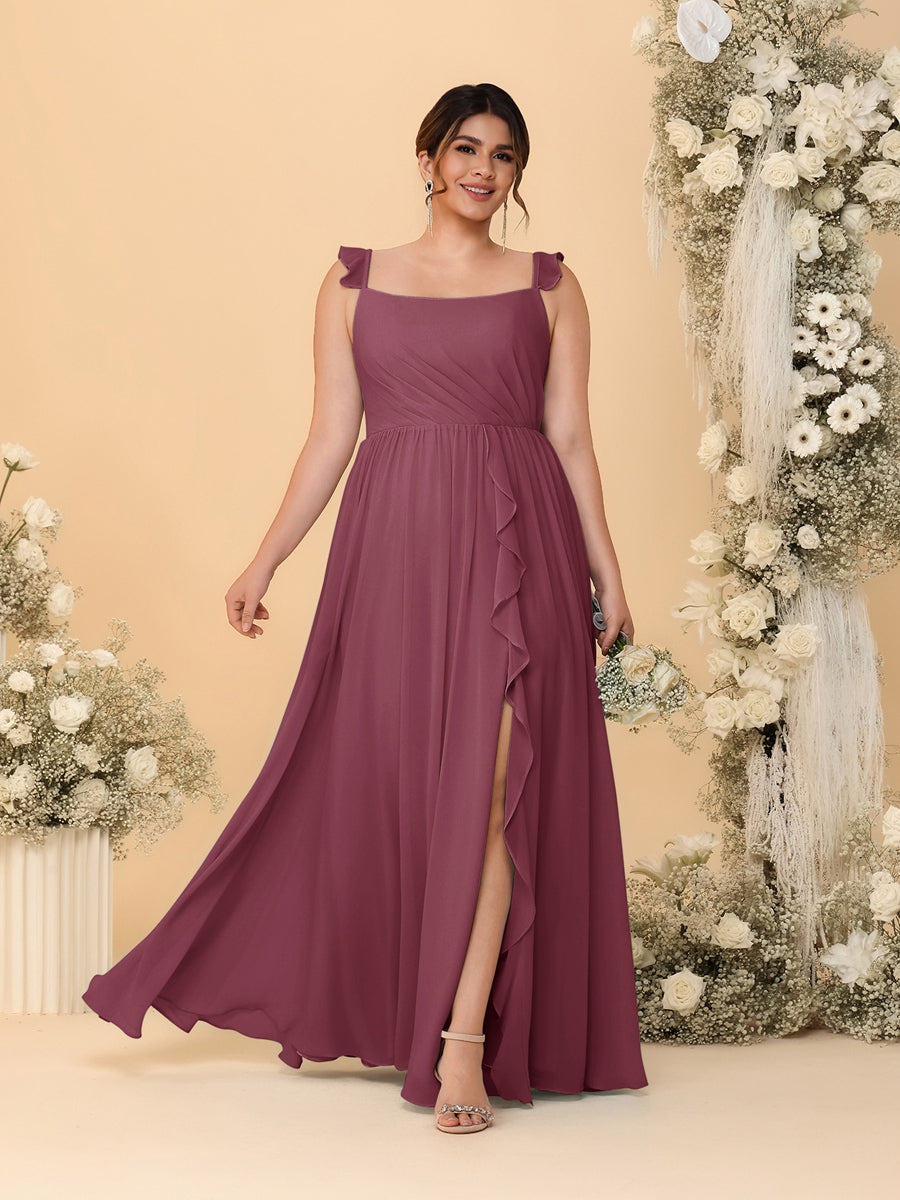 A-Line/Princess Square Neck Sleeveless Plus Size Bridesmaid Dresses With Side Slit & Ruffles