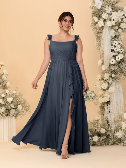A-Line/Princess Square Neck Sleeveless Plus Size Bridesmaid Dresses With Side Slit & Ruffles