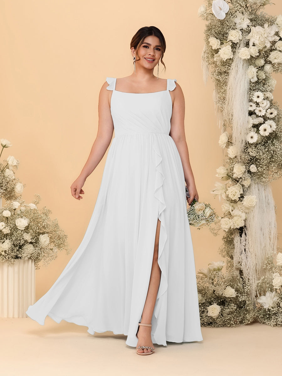 A-Line/Princess Square Neck Sleeveless Plus Size Bridesmaid Dresses With Side Slit & Ruffles