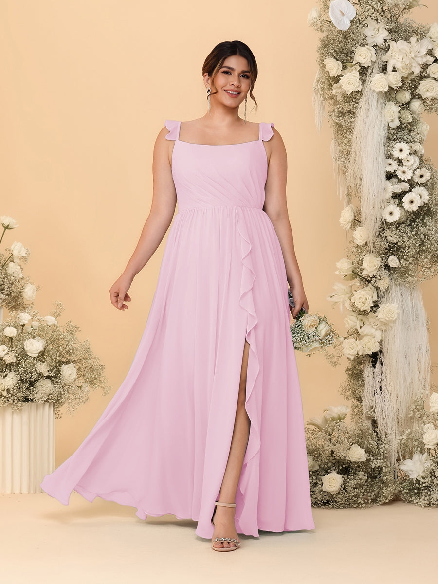 A-Line/Princess Square Neck Sleeveless Plus Size Bridesmaid Dresses With Side Slit & Ruffles