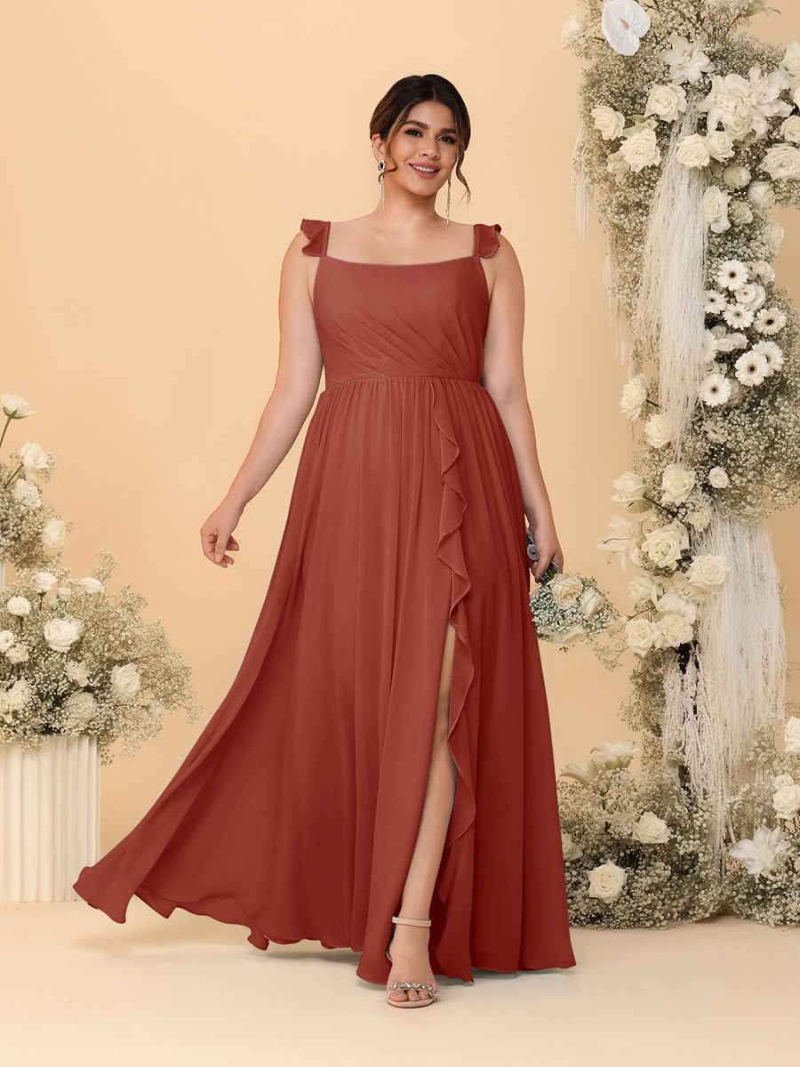 A-Line/Princess Square Neck Sleeveless Plus Size Bridesmaid Dresses With Side Slit & Ruffles