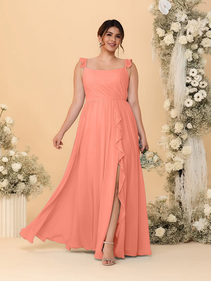 A-Line/Princess Square Neck Sleeveless Plus Size Bridesmaid Dresses With Side Slit & Ruffles
