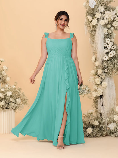 A-Line/Princess Square Neck Sleeveless Plus Size Bridesmaid Dresses With Side Slit & Ruffles