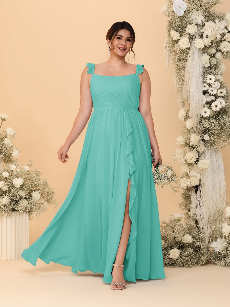 A-Line/Princess Square Neck Sleeveless Plus Size Bridesmaid Dresses With Side Slit & Ruffles