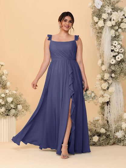 A-Line/Princess Square Neck Sleeveless Plus Size Bridesmaid Dresses With Side Slit & Ruffles