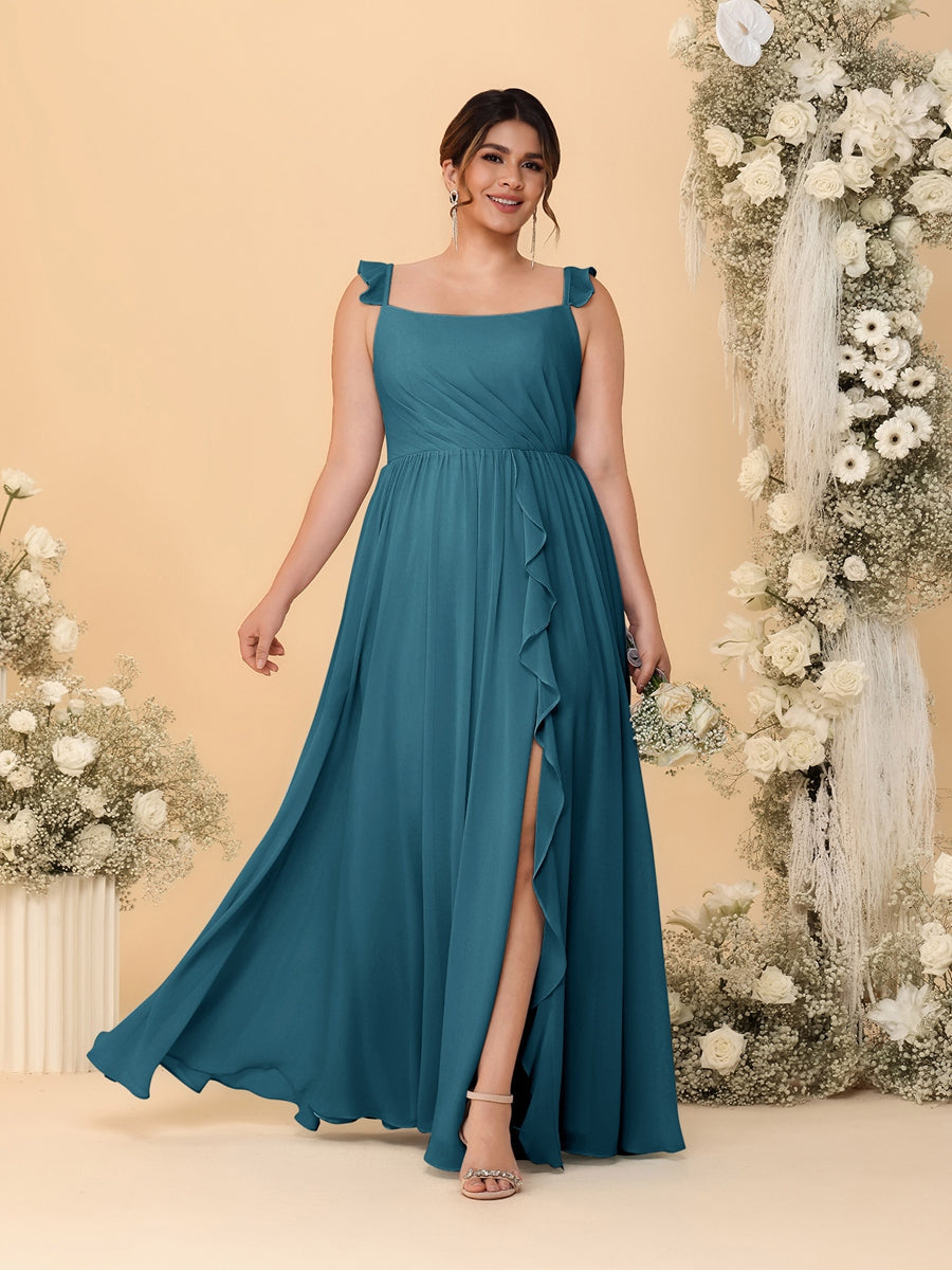 A-Line/Princess Square Neck Sleeveless Plus Size Bridesmaid Dresses With Side Slit & Ruffles