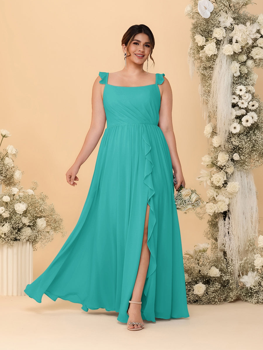 A-Line/Princess Square Neck Sleeveless Plus Size Bridesmaid Dresses With Side Slit & Ruffles